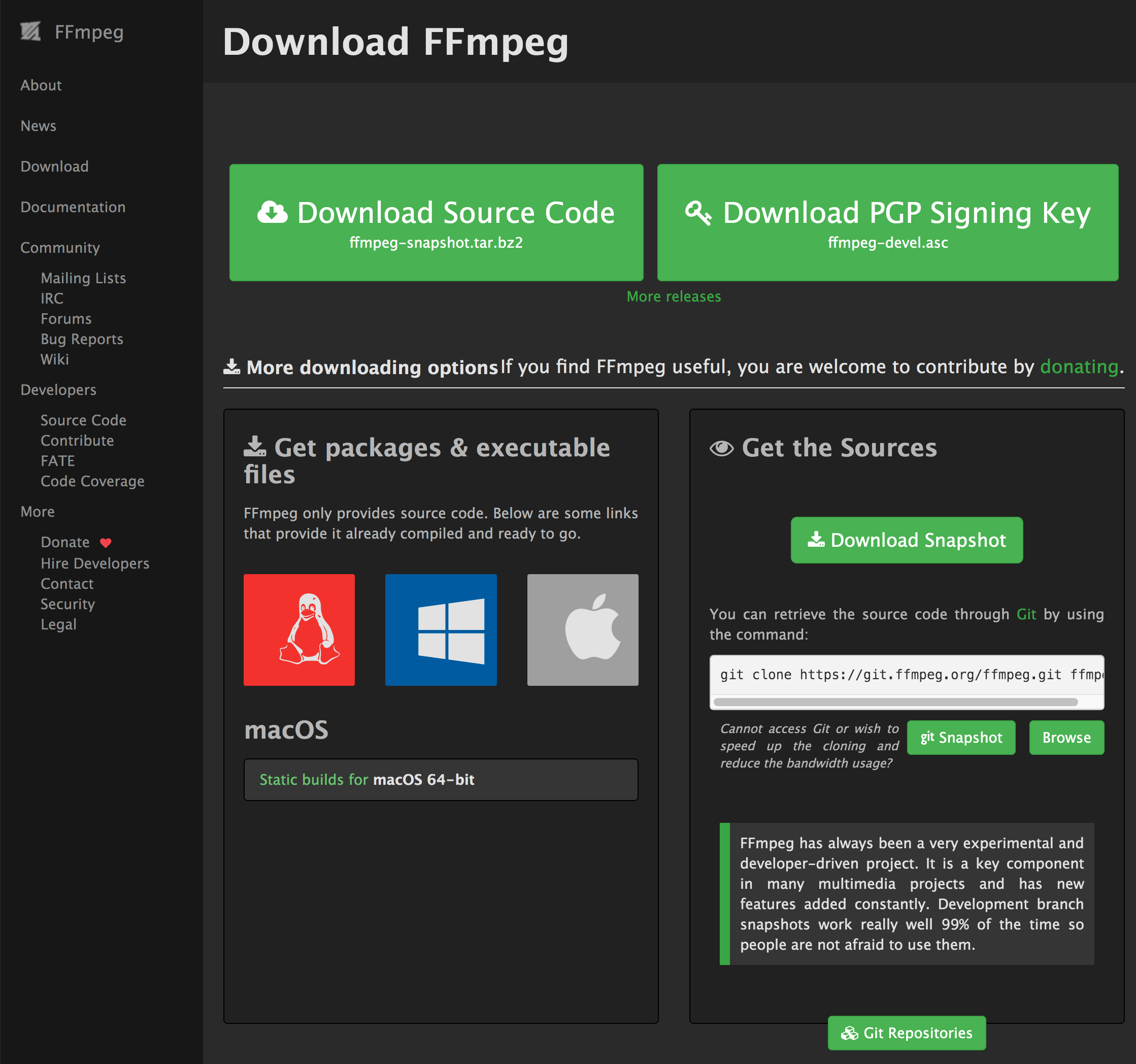 FFMPEG website download screen