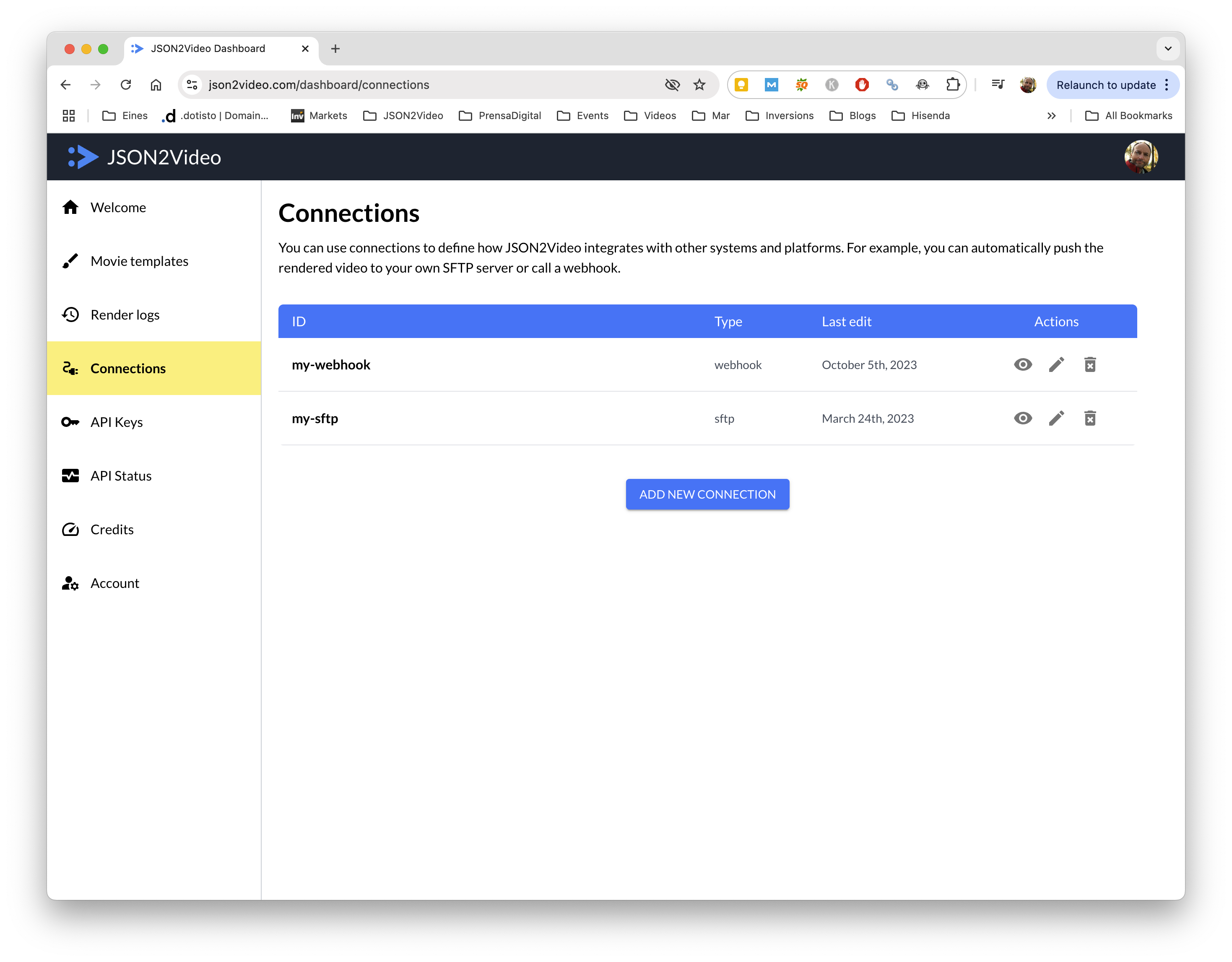 Connections in JSON2Video dashboard