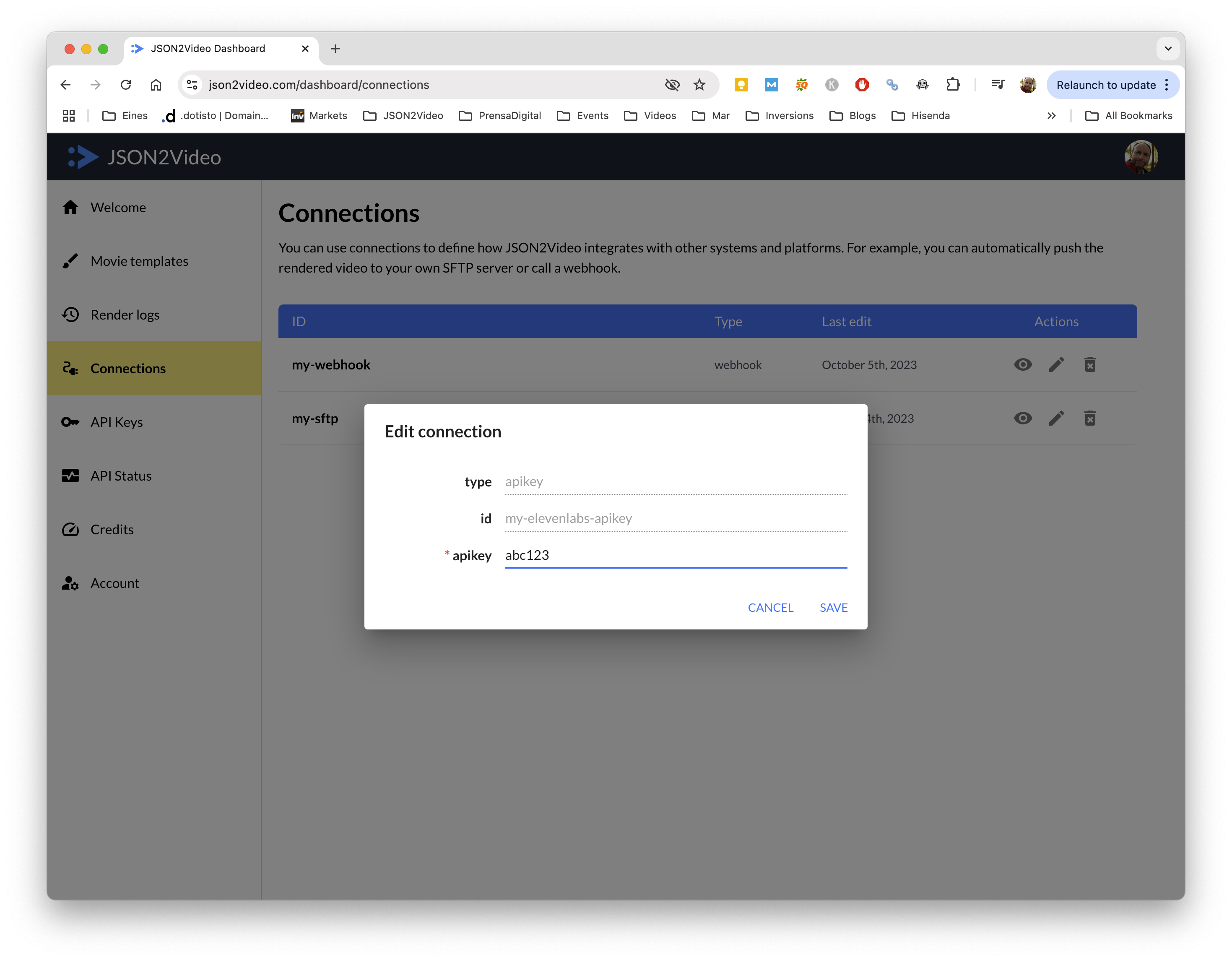 Create a new API key connection