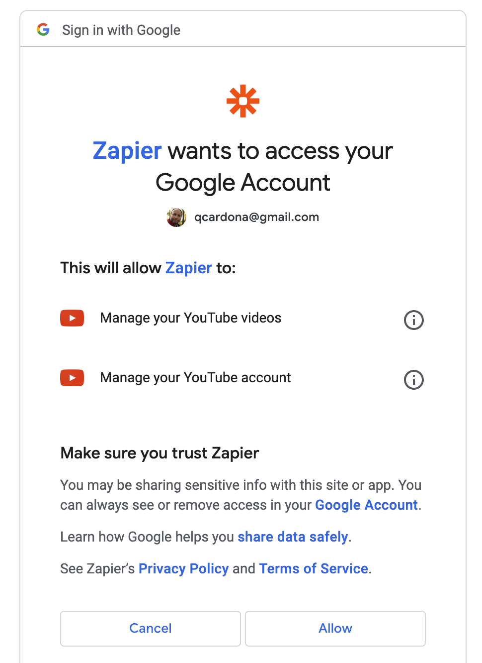 Zapier wants to access your Google account