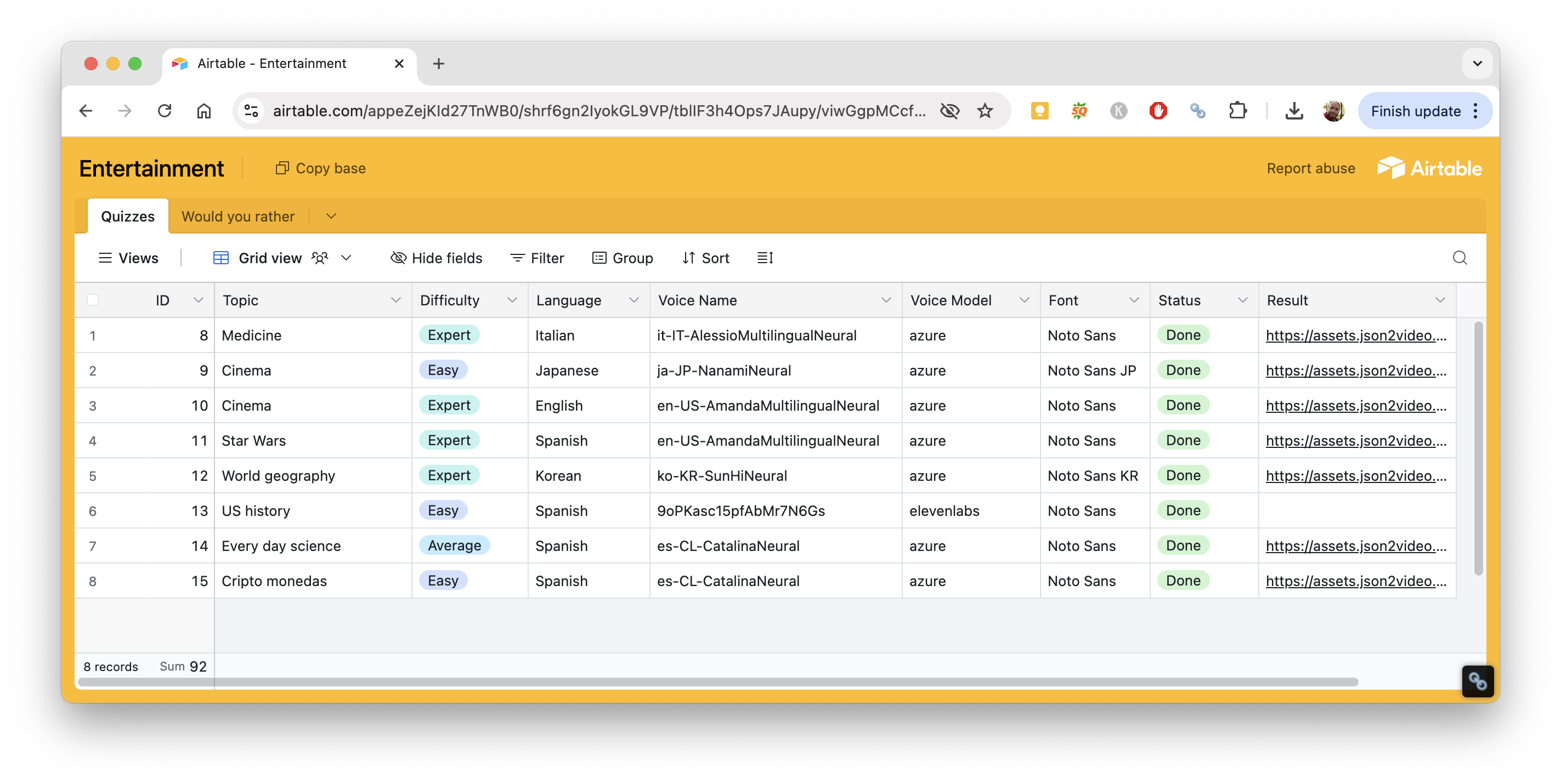 Airtable base for quiz videos