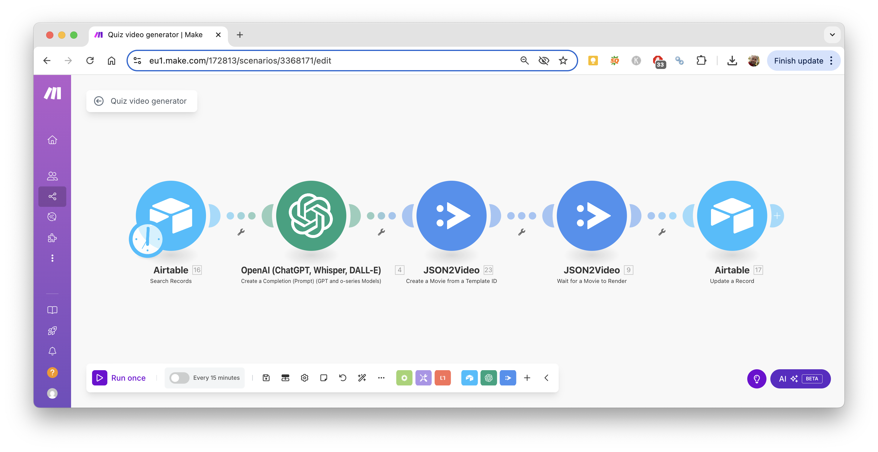 Make.com workflow for quiz videos