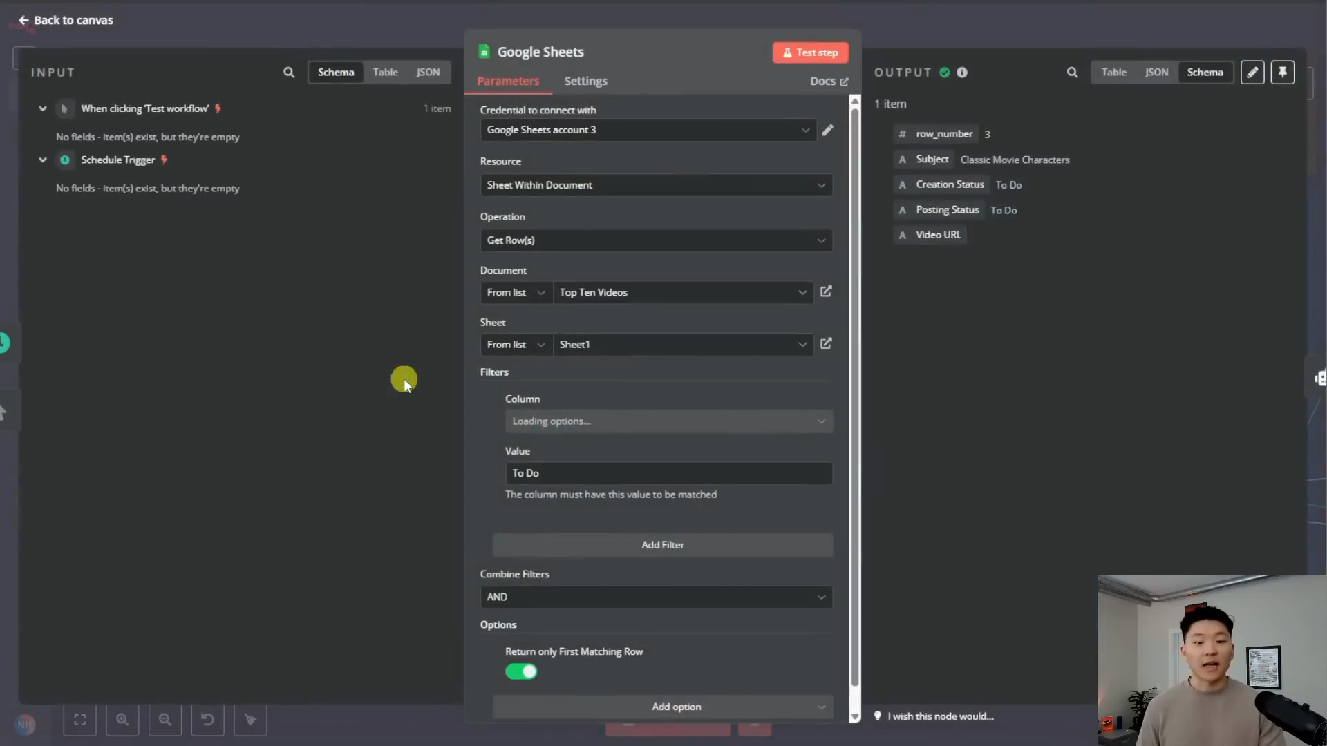 N8N Google Sheets Read Filter Screenshot