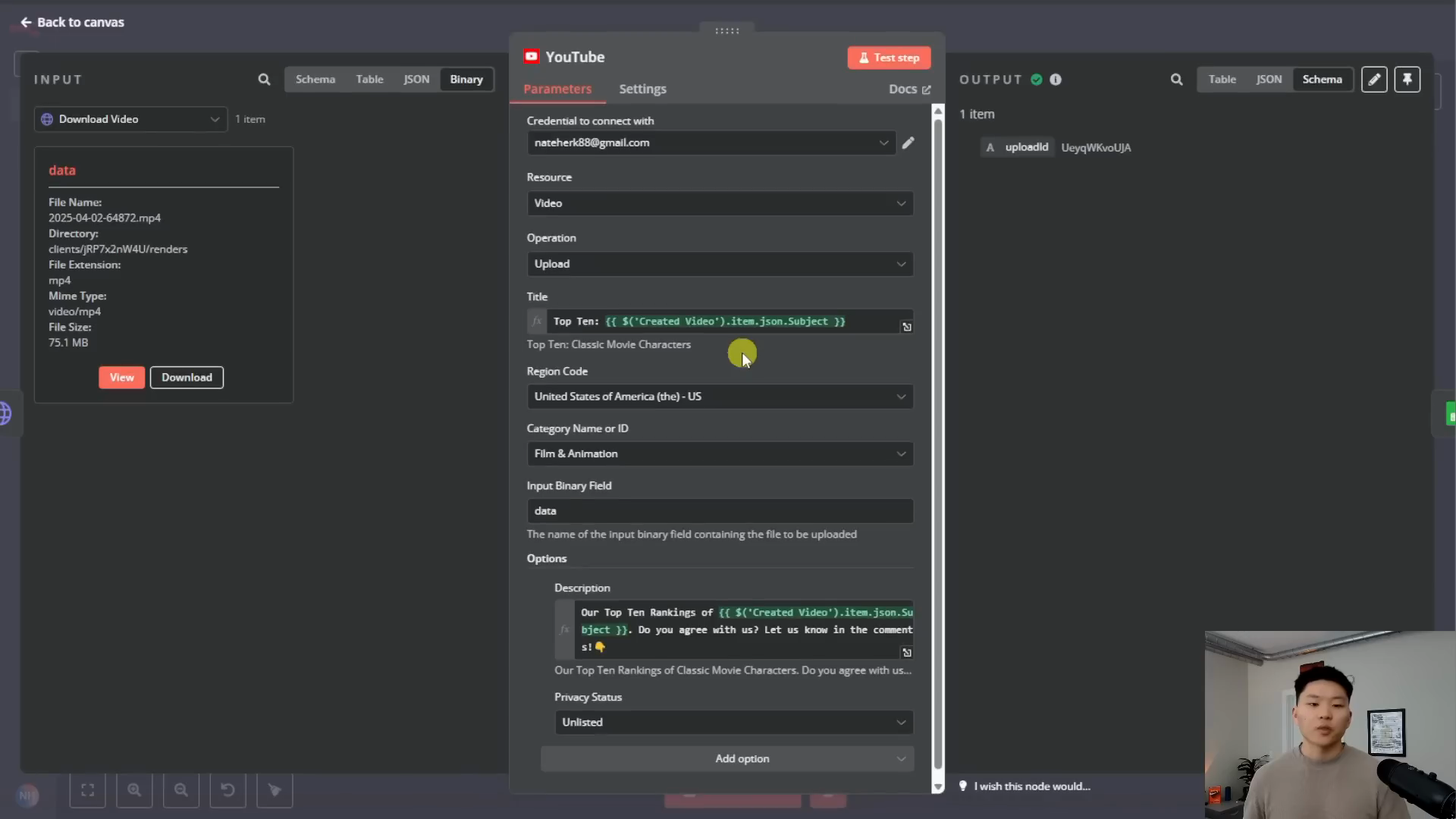 N8N YouTube Upload Screenshot