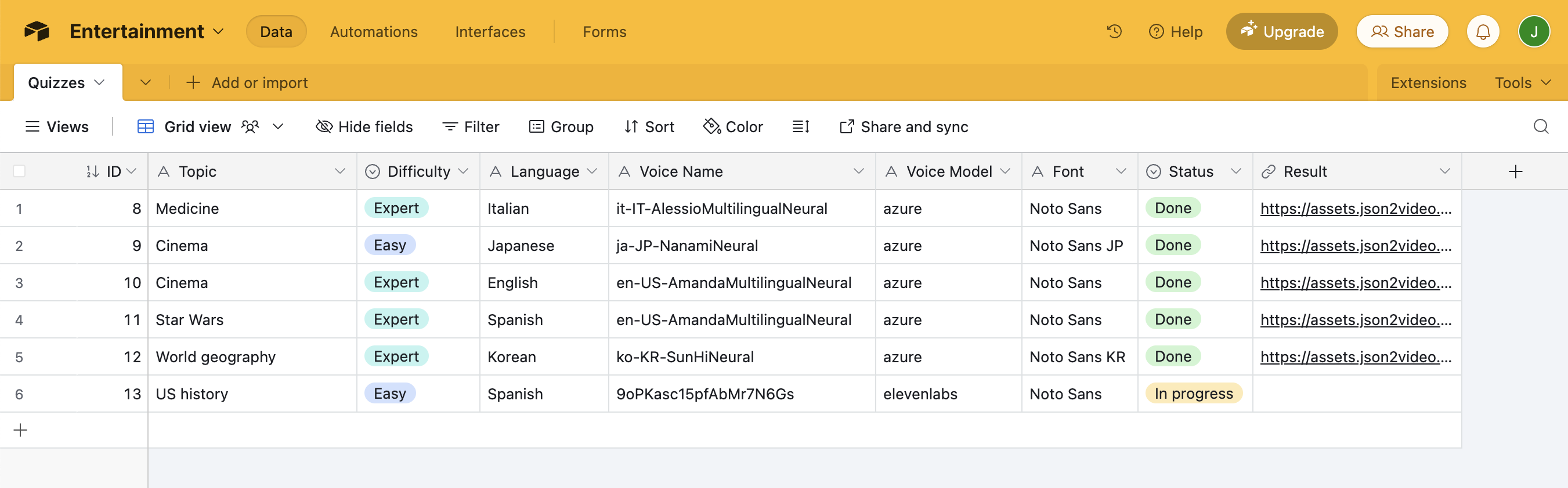 Airtable base for quiz videos