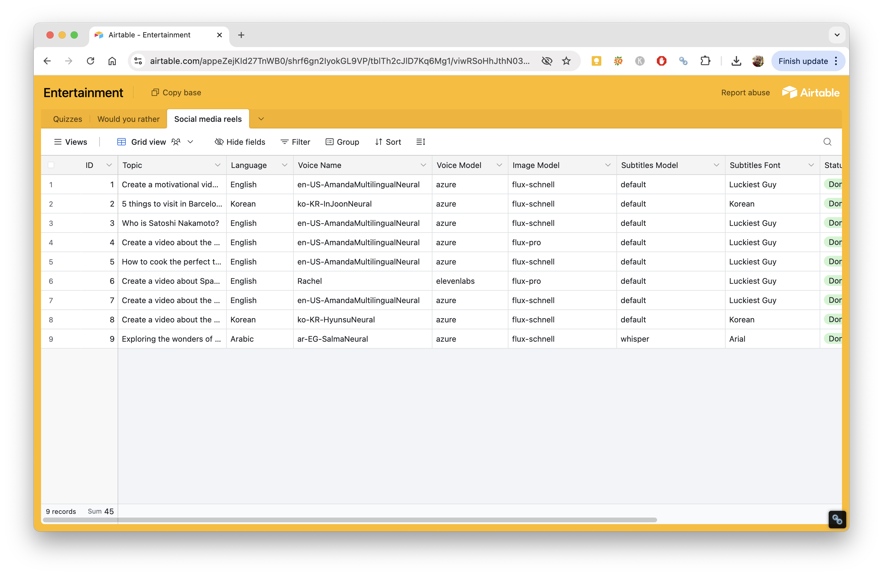 Airtable base for social media reels